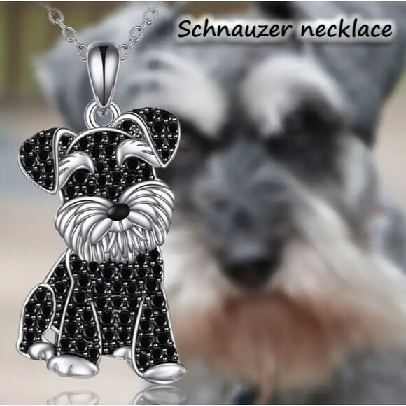 Silver Black Rhinestones Schnauzer Dog Necklace Women Teens - Picture 1 of 3